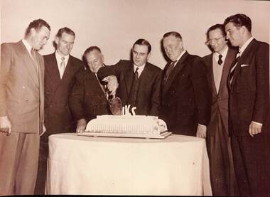 Photograph - Ford Kitchen cutting the cake, Centenary Dinner, J Kitchen & Sons, Jul 1956