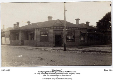 3635 - Miss Nugent's shop, cnr Spring St East and Esplanade East, Port Melbourne, c. 1925