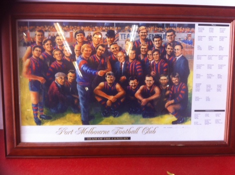 Wooden framed painting of the Port Melbourne Team of the Century. 22 players are shown in their blue & red striped football jumpers & socks. The coach is in the front in a blue track suit with a red trim. Several gentleman in suits are mixed between the players and a trainer is in the bottom row. People can be seen in the foreground behind the picket fencing which has advertising running around it.