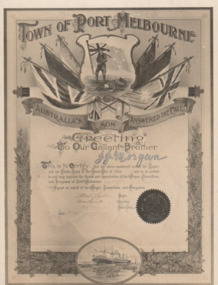 Postcard - Town of Port Melbourne WWI certificate presented to J J Morgan, 1920