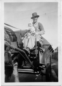 Photograph - Arthur Spooner with baby, Denise O'Connor with City of Port Melbourne horse-drawn garbage cart, 1940 - 1959