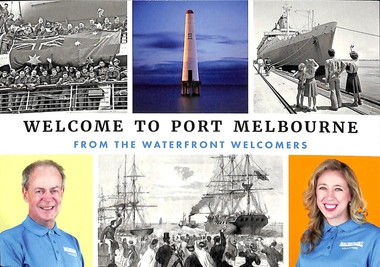 Postcard with six panels showing clockwise military personnel crowing the railings of a ship, the seaward beacon, a family waving to a ship moored at a pier, a female waterside welcomer,  a drawing of  crowds greeting sailing ships and a male waterside welcomer. 