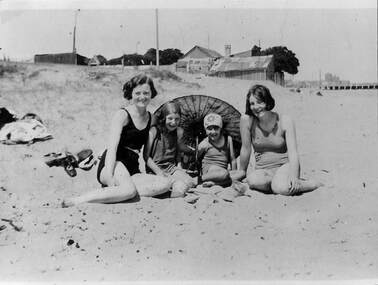 Photograph - Bend girls with sun umbrella and Landorfs with fishing boat, Sandridge Beach, 1930