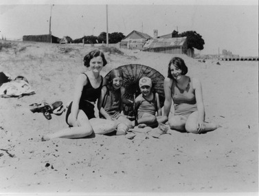 Photograph - Bend girls with sun umbrella, Sandridge Beach, 1930