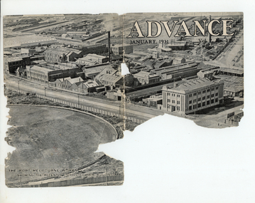 2423 - Cover (damaged) of Advance, January 1931 showing aerial view of Kitchen's site and Port Melbourne Football Ground