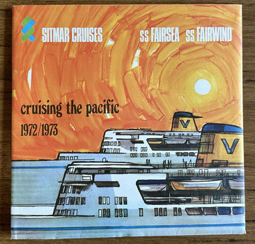 Cover of a cruise brochure with an illustration of the mid-sections of two cruise ships in front of a bright orange sun.