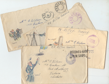 2579 - Four hand-decorated 'on active service' envelopes from letters sent by sailor Ernie Wilson to his mother in Graham Street during WWII