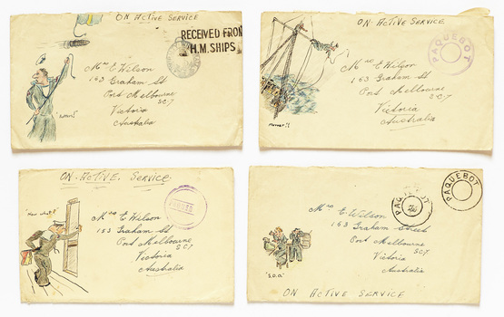 2579 - Four hand-decorated 'on active service' envelopes from letters sent by sailor Ernie Wilson to his mother in Graham Street during WWII