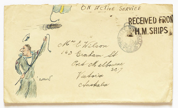 2579 - Hand-decorated 'on active service' envelopes from letters sent by sailor Ernie Wilson to his mother in Graham Street during WWII