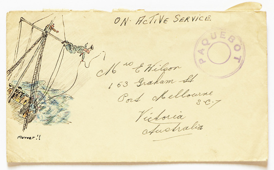 2579 - Hand-decorated 'on active service' envelopes from letters sent by sailor Ernie Wilson to his mother in Graham Street during WWII