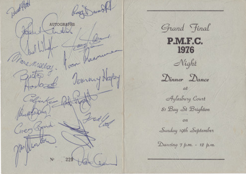 2906.01 - Port Melbourne Football Club 1976 Dinner/Dance card with autographs