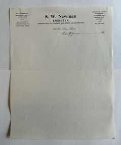Document - Invoice Letterhead, SW Newman Engineering, Dow Street, Port Melbourne, 1940s