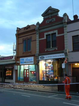 3500.08 - The scene after the pediment at Rene's Dry Cleaners, 301 Bay Street fell onto the footpath. 21 October 2007