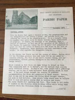 Document with an inserted image of the Holy Trinity Anglican Church, Port Melbourne in the top left hand corner, printed along side the image are the words HolyTrinity Church of England, Port Melbourne. Parish Paper, price: 3 cents. Registered for posting as a periodical-category "A". Date shown is November 1973. The body of the letter is a Pastoral Letter to the Port Melbourne Anglican community.