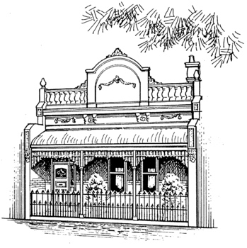 Black & white sketch of a single fronted house featuring lace and iron work.