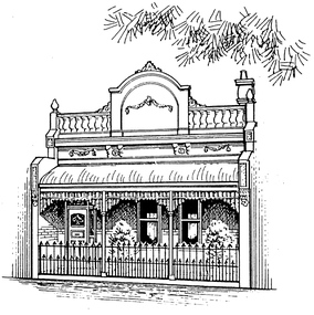 Black & white sketch of a single fronted house featuring lace and iron work.