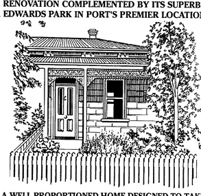 Black & white sketch of a single fronted cottage with a picket fence.