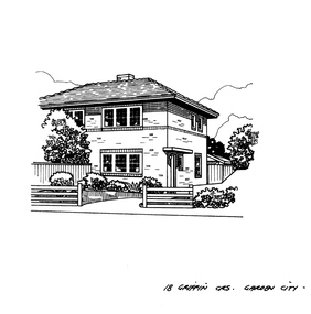 Black & white sketch of a double story brick home.