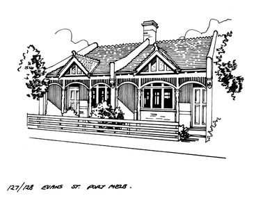 Black & white sketch of two cottages sharing one support wall.