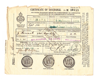 4082.01 - Certificate of Discharge for George Hossack from HMS Nairana, 30/07/1935 - 26/08/1935