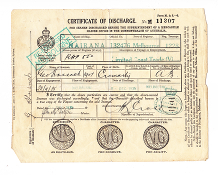 4082.02 - Certificate of Discharge for George Hossack from HMS Nairana, 23/09/1935 - 15/12/1935