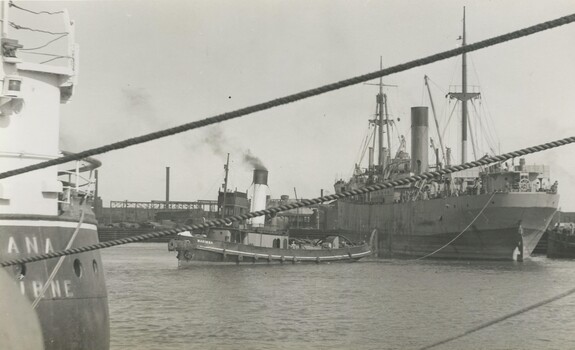 Photo shows the tug bug 'Marimba' perpendicular, stern first, to a cargo ship viewed through the mooring ropes of another ship.