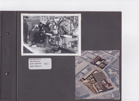 First photo shows 4 identified workers inspecting machinery 1963.  Second photo is an aerial shot of Moore's location in Port Melbourne