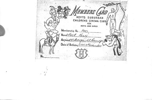 Childrens Cinema Club Members card with member details handwritten in pre-printed areas decorated with drawings of Donald Duck, Mickey & Minnie Mouse, Goofy, Tarzan and a cowboy.