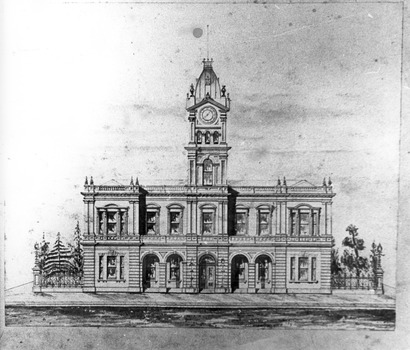 Sketch of large ornate two-storey building with a clock tower.