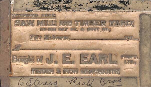 Papier maché representation of a printed form for J E Earl Saw Mill & Timber Yard.