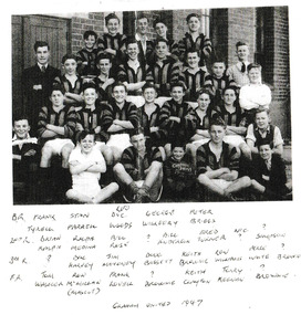 Group of men and boys posing in typical football team formation with names hand written below.