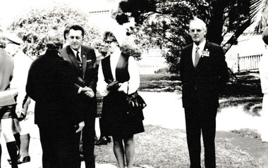 Photograph - Cr Jim Mitchell & Mrs Mitchell  Outside Holy Trinity Church Anzac Day Service 1972, Reverend Donald LANGFORD, 25 Apr 1972