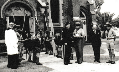 Photograph - Holy Trinity Church with cub scout Guard of Honour, Reverend Donald LANGFORD, c.1971
