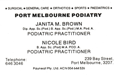 Card - Port Melbourne Podiatry Business Card, c.1990