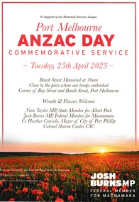 Programme, Josh Burns  MP, Federal Member for Macnamara, Port Melbourne Anzac Day Commemorative Service 2023, April 2023