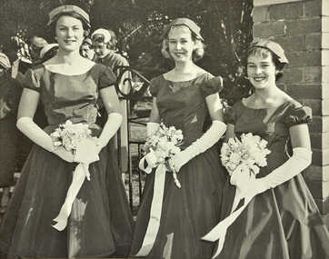 Three bridesmaids posing with bouquets.