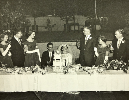 Bride and groom sitting at a wedding table behind a multi-tier wedding cake being toasted by the wedding party.