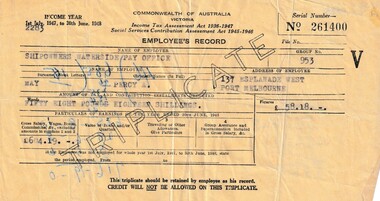 Document - Triplicate copy of Commonwealth of Australia Employees Income Tax Assessment record, Commonwealth of Australia, 1948