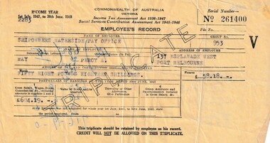 Document - Triplicate copy of Commonwealth of Australia Employees Income Tax Assessment record, Commonwealth of Australia, 1948