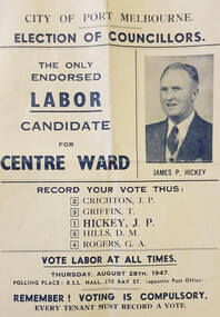 Photograph - Port Melbourne city Council How to vote card , James P HICKEY, 28 Aug 1947