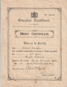 Certificate (Item) - Education Department of Victoria Merit Certificate, Victorian Education Department, 23 Nov 1934