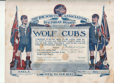 Certificate (Item) - The Boy Scouts' Certificate - Wolf Cubs, Victorian Education Department, 12 Sep 1931