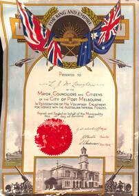 Certificate - WW2 Certificate of Appreciation from City of Port Melbourne, 24 November 1946