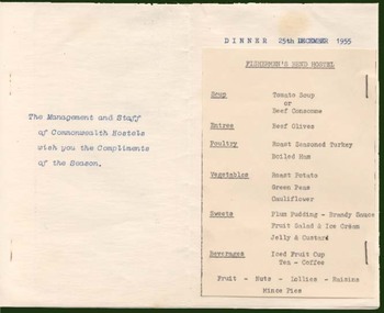 Photograph - Christmas Dinner Menu Fishermens''s Bend Migrant Hostel, 25 Dec 1955