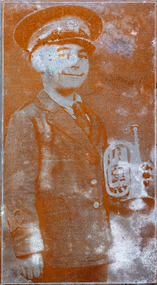 Photograph - Robert Cornelius Watters (Bob junior) with cornet in band c 1930, c 1930.  Taken from metal plate for reproduction in newspaper