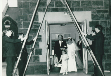 Photograph - Geoff Phillips and Joy Kilpatrick leaving St Josephs' Church after their marriage, 16 Nov 1968