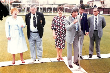 Photograph - Perce Maguire White speaking at Port Melbourne Bowling Club, c.1985