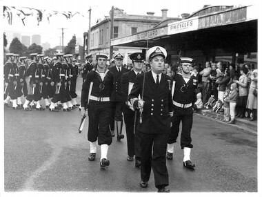 Photograph - RAN band marching in Bay Street, Port Melbourne, c. late 1980's