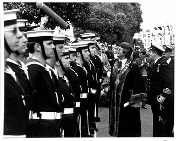 Photograph - Perce Maguire White inspecting RAN band - City of Port Melbourne, c. late 1980's