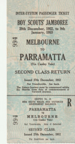 Ephemera - A railway ticket Melbourne to Parramatta and return, 27 Dec1952